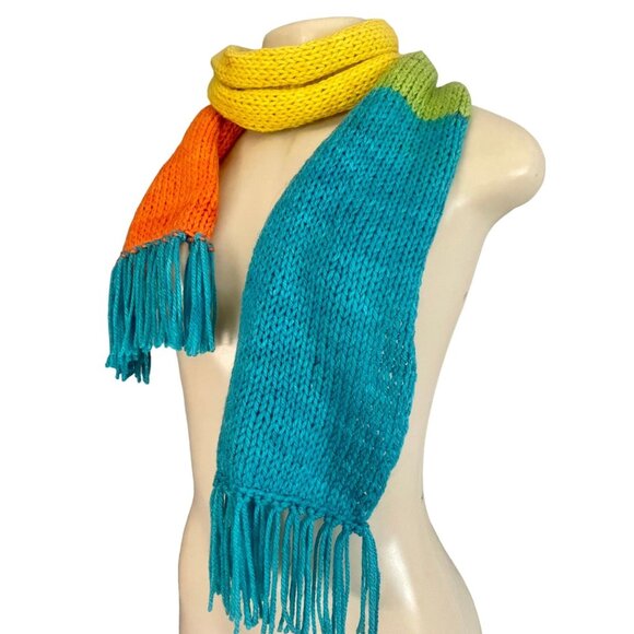 Handmade Knit Scarf with Tassels Details in Green Yellow Orange and Blue hand ma - Picture 2 of 9